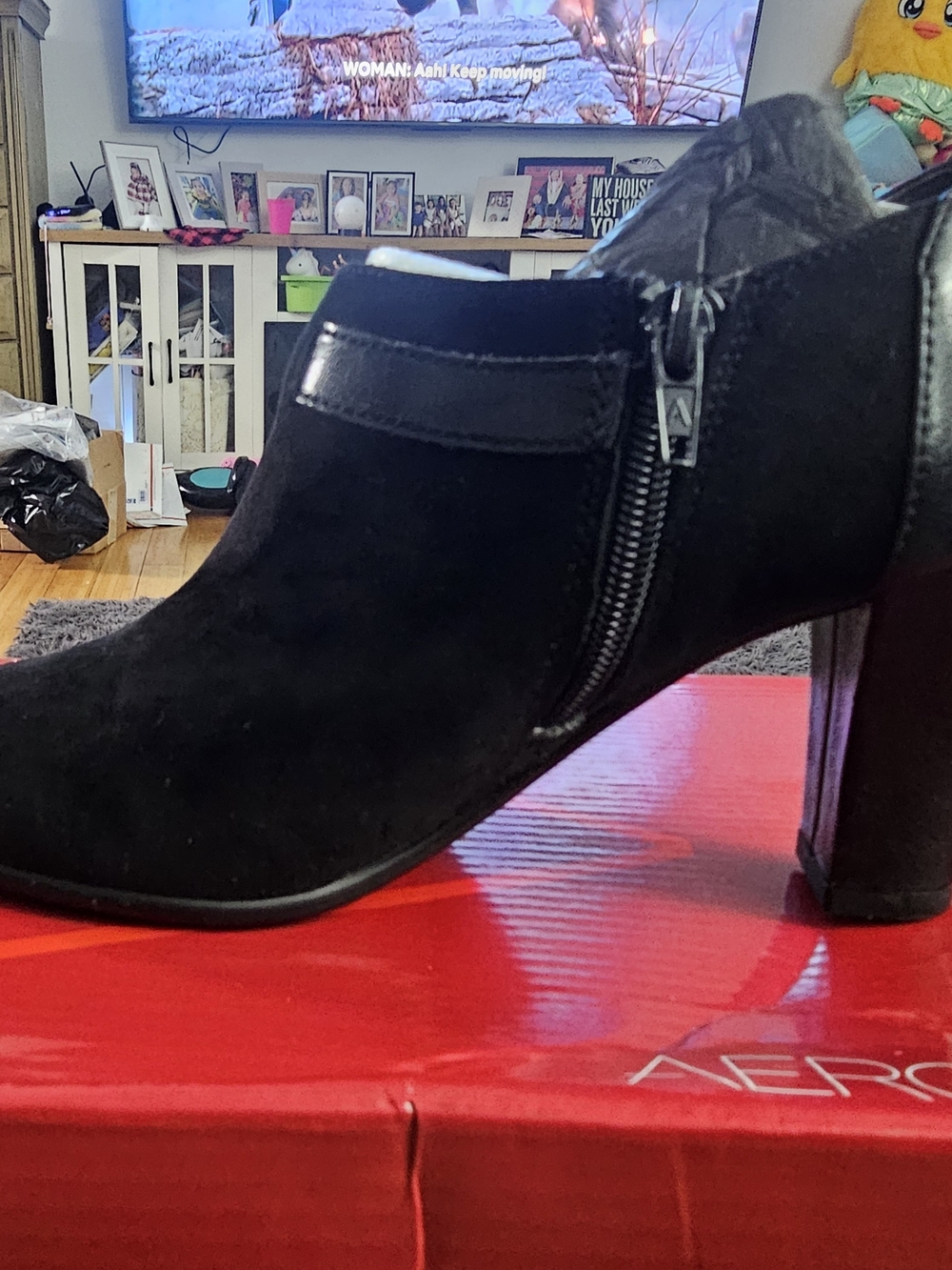 AEROSOLES Black Suede Block Heel Ankle Bootie with Side Zip
